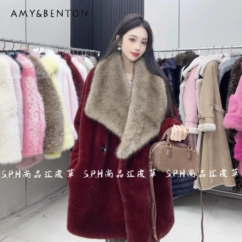 

Elegant High-End Red Color Fur Collar Loose Fit Thickened Two-Tone Premium Faux Fur Coat Soft Warm Comfortable Long-sleeves Top
