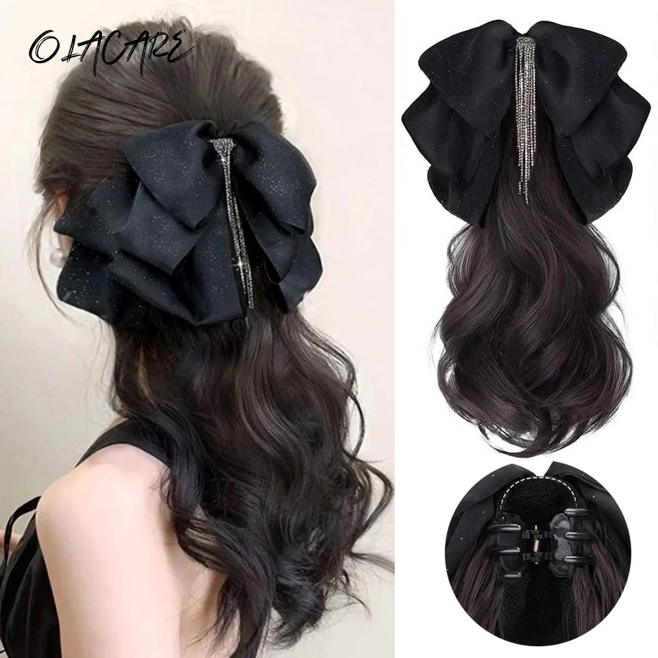 OLACARE Synthetic Long Wavy Bow Claw Clip On Ponytail Hair Extensions Heat Resistant Pony Tail Hair Piece For Women Daily