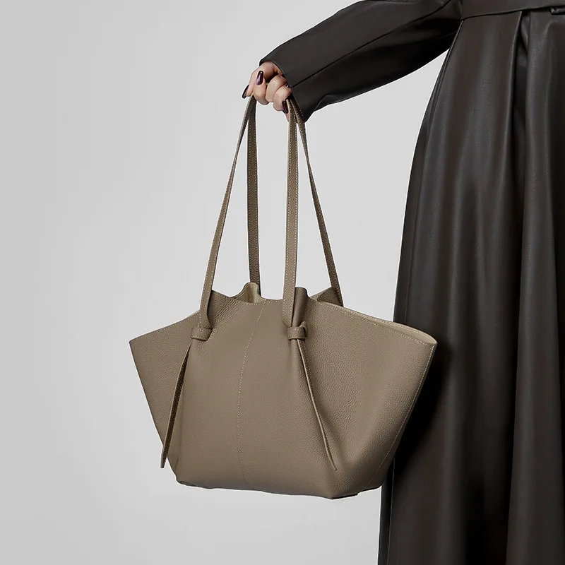 Girls Classic Full Grain Cow Leather Tote Bag Lady Large Capacity Shoulder Bags Women Luxury Design Genuine Leather Handbag