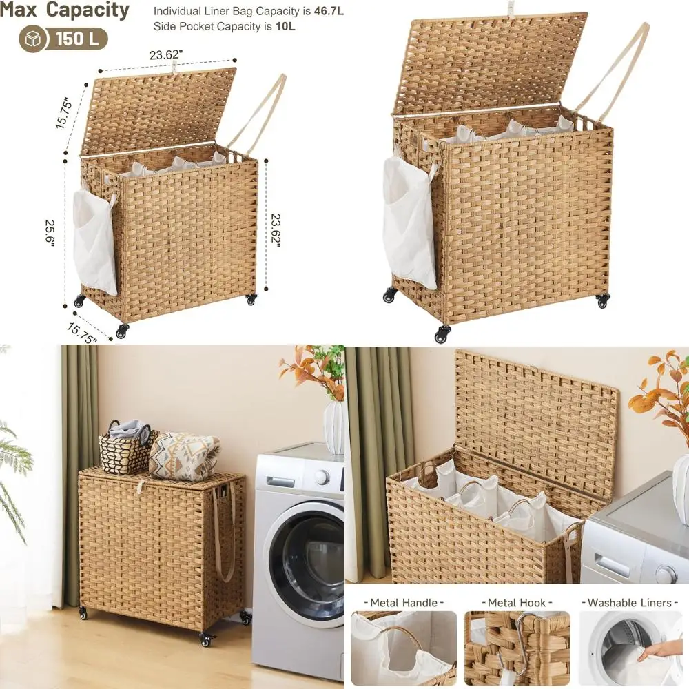 

Rolling 150L 3-Section Rattan Laundry Hamper with Lid, Removable Liners and Mesh Bags, Natural
