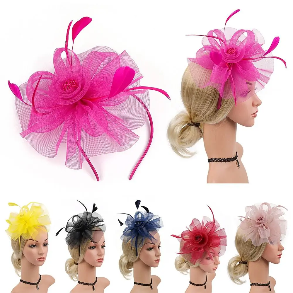 New Feathers Ribbon Fascinator Hats Tea Party Mesh Hair Band Bridal Derby Hat Women