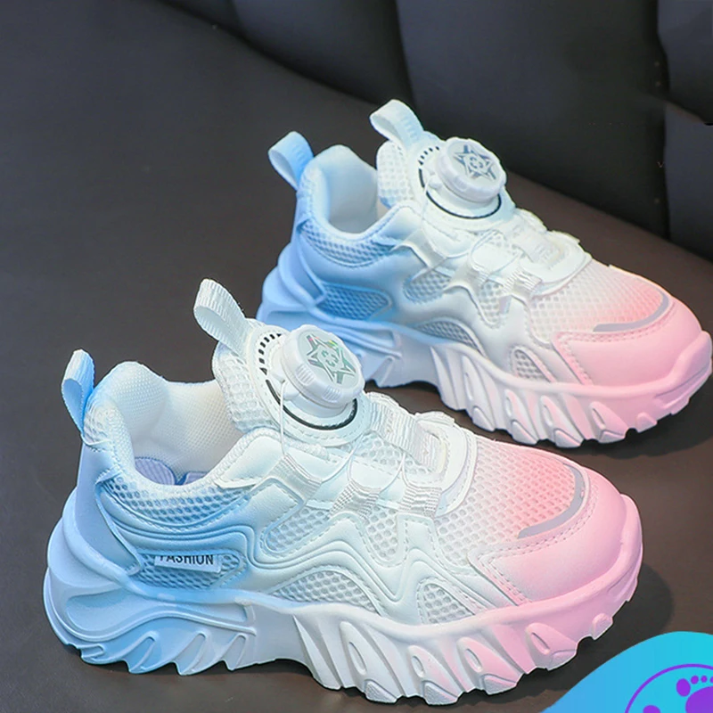 Four Seasons Children\'s Fashion Sports Shoes 2024 new spring/summer children\'s small white shoes Rotating Button Mesh Shoes