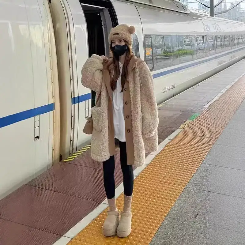 

Hot 2025 New Women Autumn/winter Vacation Two Piece Medium To Long Lamb Wool Jacket Tops with Thickened Fur Warmth Hooded Coat