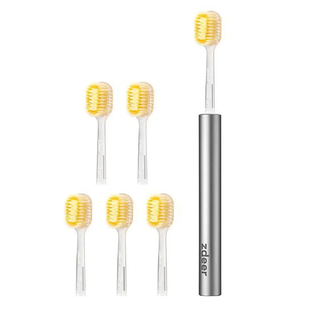 1Set Wide Head Metal Toothbrush with 6 Replaceable Soft Bristle Heads, Reusable Oral Care for Adults Daily Use