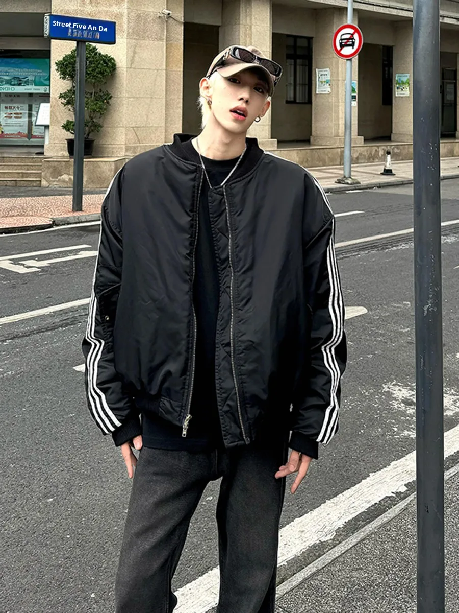 

Bla Tee-Stripes Men's Cotton Jaet Winter Warm Thiened Street Sle High Quali Cool Baseball Collar Zipper Closure