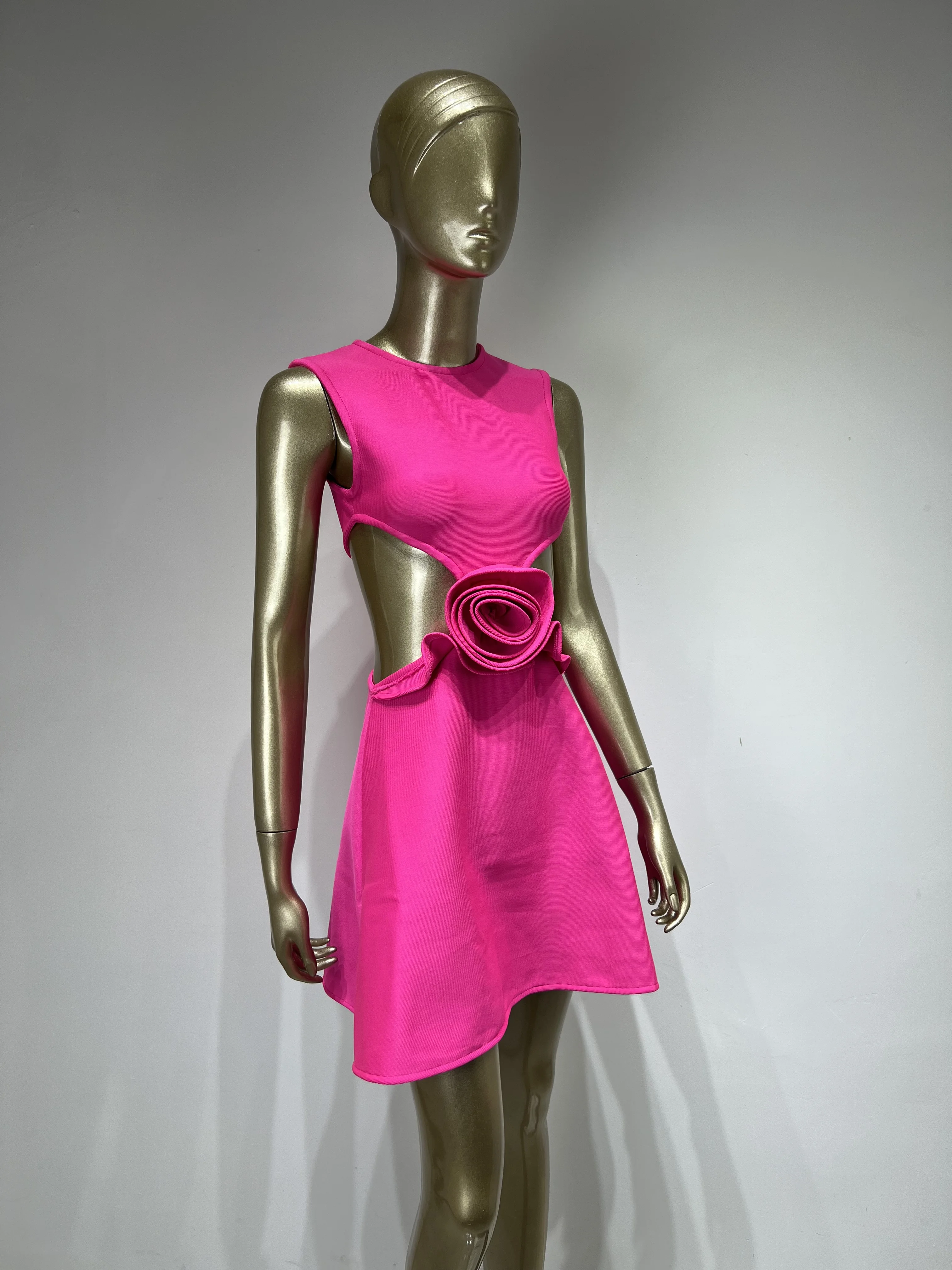 Women Summer Celebrity Sexy Sleeveless Flower Hot Pink A line Mini Bodycon Bandage Dress 2024 Elegant Evening Club Party Dress