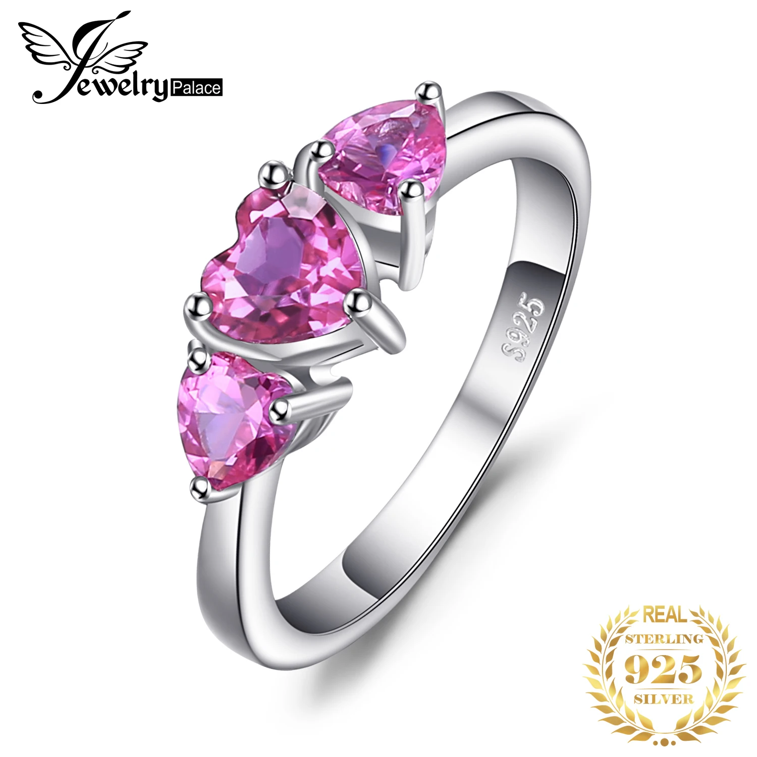 JewelryPalace Love Heart 1.2ct utworzono różowy szafir 925 srebro 3 kamienny pierścień dla kobiet moda zaręczynowy prezent ślubny