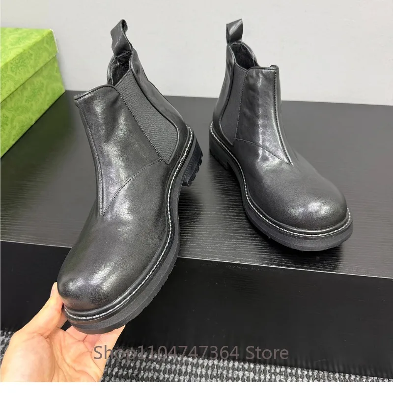 Vintage Men Genuine Leather Chelsea Boots Elastic Side Slip‑On Thick Sole Non‑Slip Casual Motorcycle Abkle Boots Male Shoes