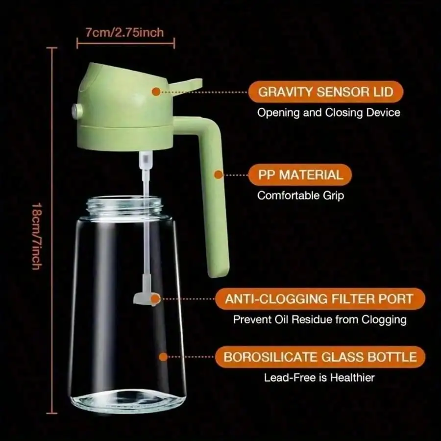 1pc 2-In-1 Dual-Use Oil Dispenser & Sprayer, High Borosilicate Glass Bottle With Non-Drip Spout & Gravity Sensor Lid, Mess-Free Kitchen Cooking Tool For Air Fryer, BBQ, Salad, Easy To Clean