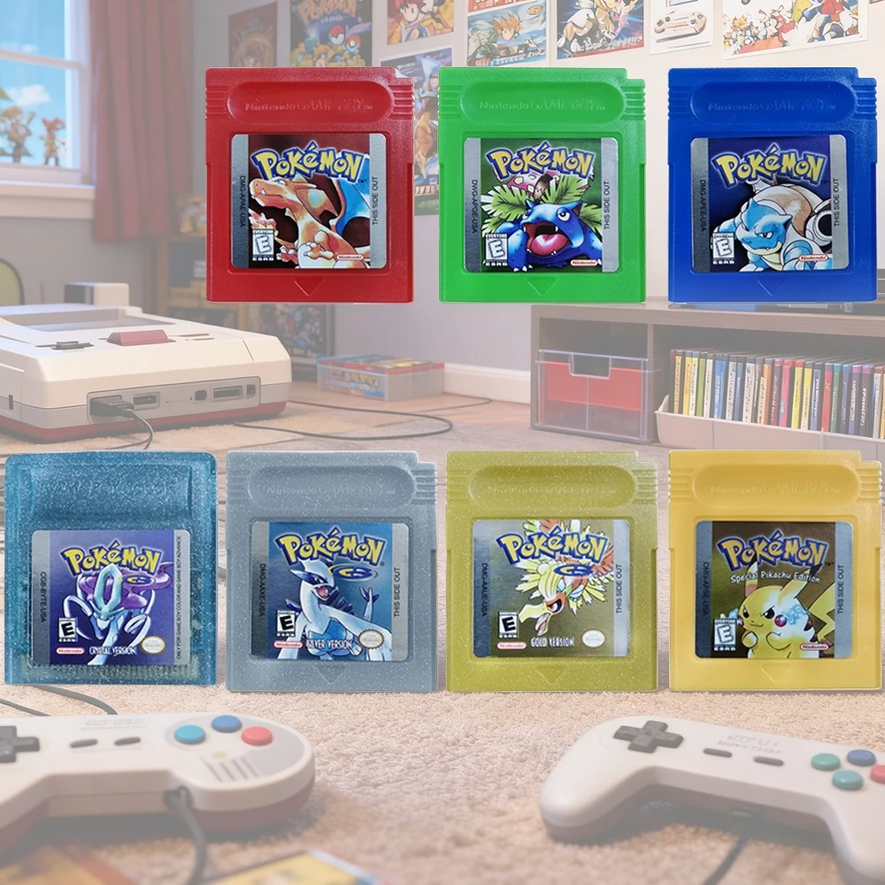 

16-битный картридж для игровой консоли GBC, игровая карта, серия Pokemon, синий кристалл, золотой, зеленый, красный, серебристый, желтый, версия для США
