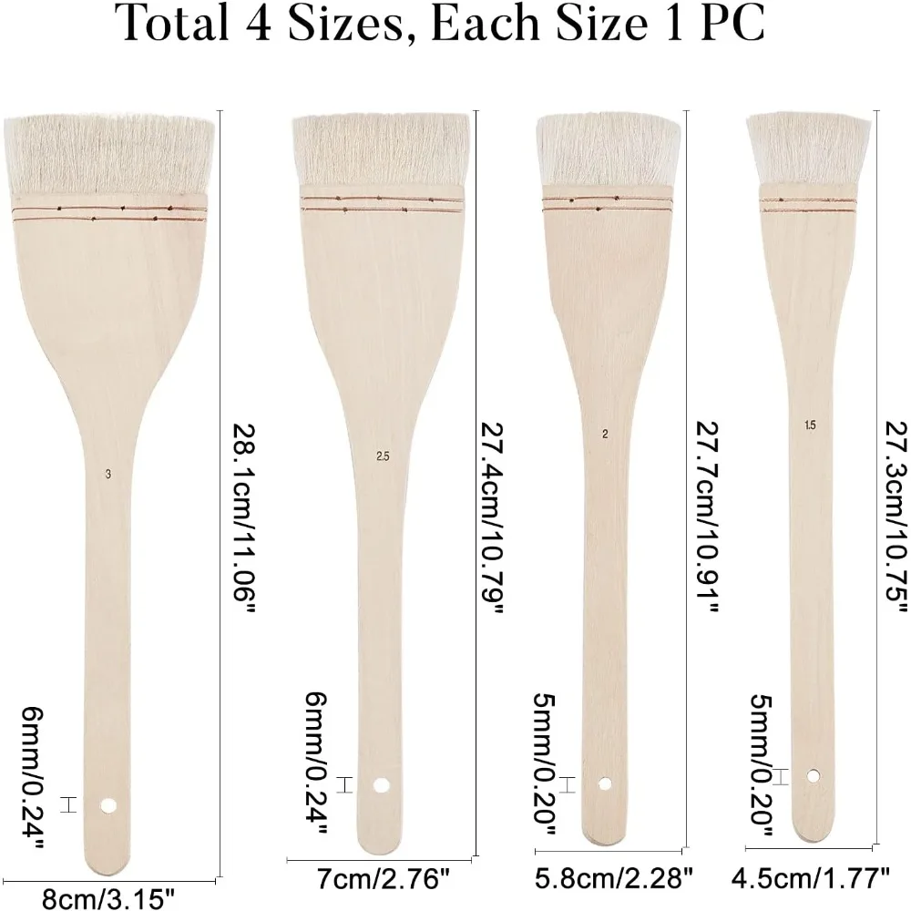 4 Size Flat Hake Brushes Sheep Hair Bristles Wash Brush Large Area Flat Brush Set for Watercolor, Wash, Ceramic & Pottery