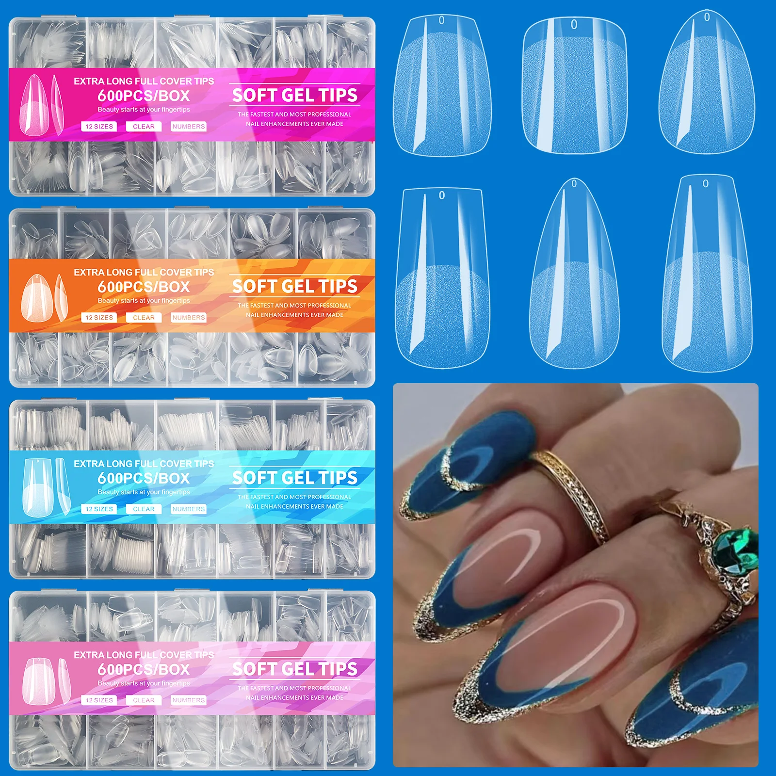 

600Pcs Full Cover Press On Nail Tips Stiletto Almond Square Coffin French False Fake Soak Off Gel Nail Extension Tips Capsule