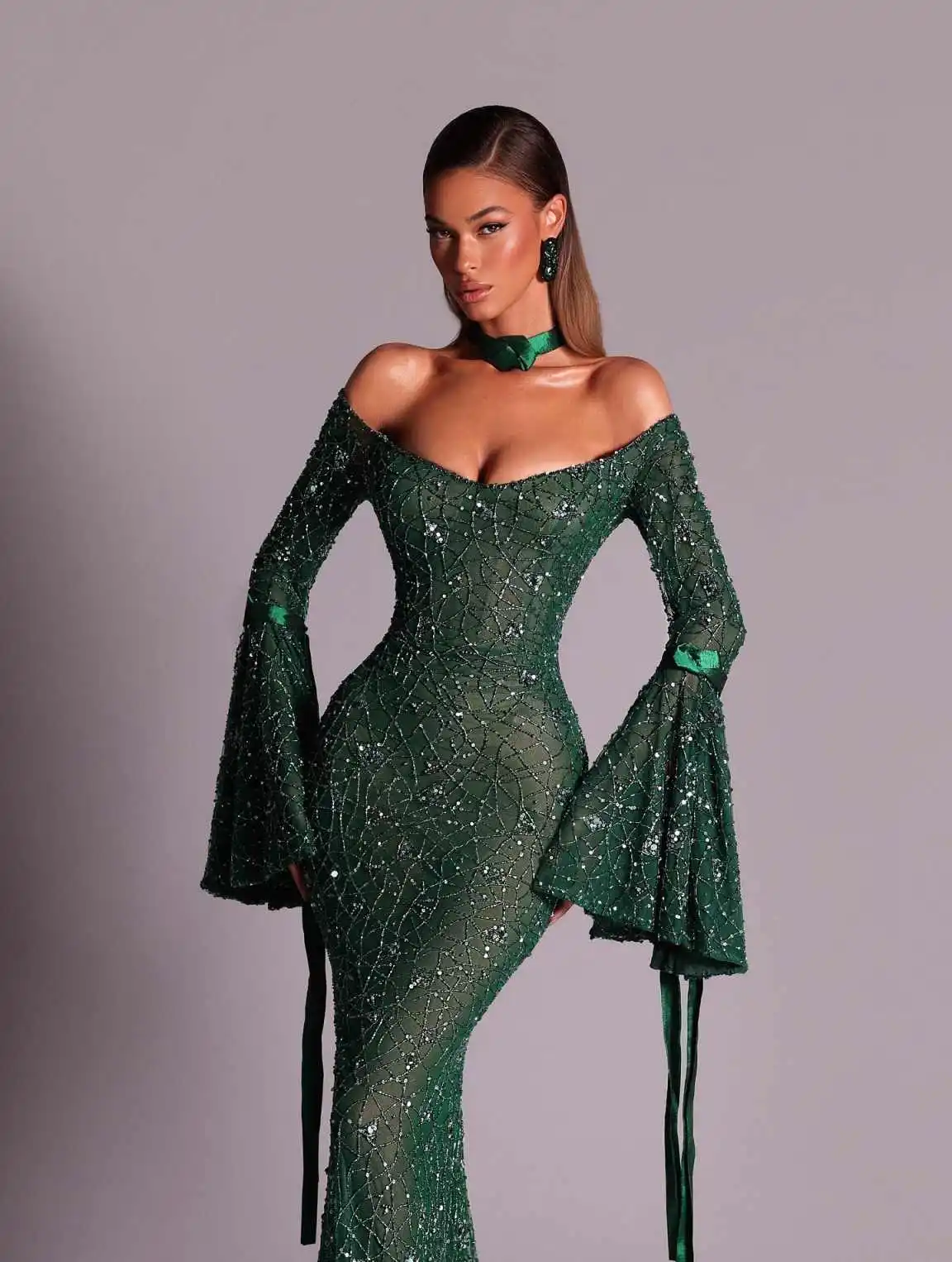 Elegant Mermaid Prom Gown Long Sleeve Evening Dress Satin 3D-Lace Party Prom Dress Sexy Bridal Gowns Robes De Mariée Customized