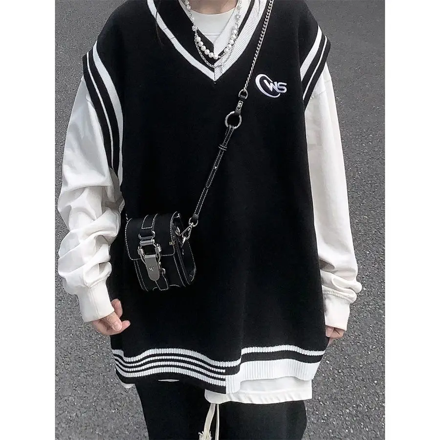 Oversize Sweater Vests Men Patchwork Preppy Style Couple Soft Knitwear Leisure Hipster Homme Sleeveless Jumpers All-match T80