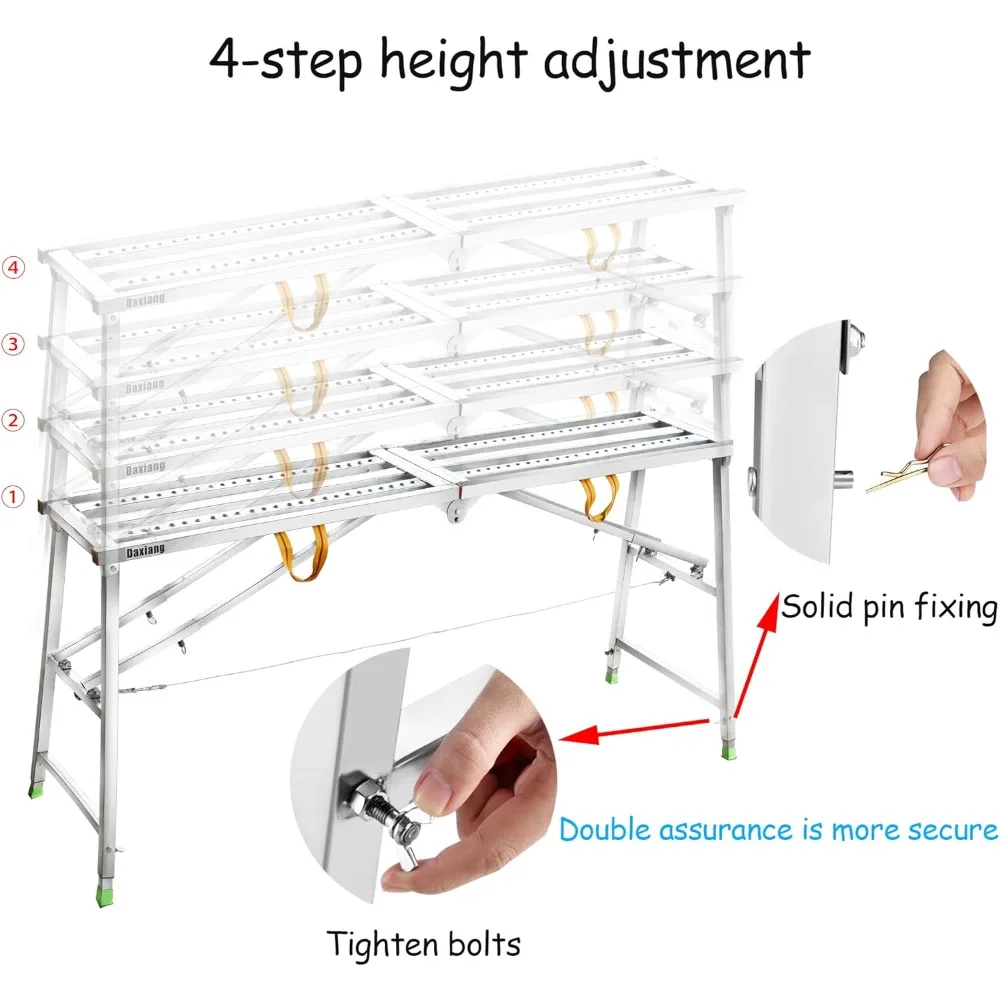 منصة سقالات محمولة 55 (طول) × 15 (عرض) × 27-43 (ارتفاع) بوصة منصة عمل قابلة للتعديل ارتفاع فولاذ 600 رطل سعة تحميل قابلة للطي #5
