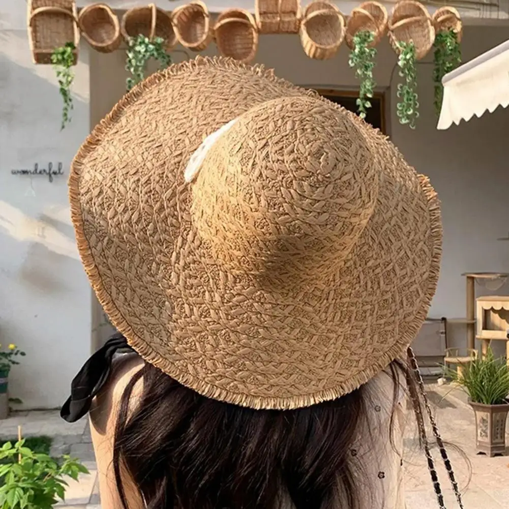 Straw Sun Hat Comfortable Sun Hat Women’s Summer Beach Hat Breathable Wide Brim Sun Protection Lace Braided Strap for Outdoor