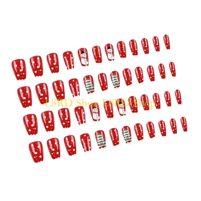 L8RD Pack Of 24/48 French Snowman Snowflake Press On False For Christmas Party And Festive Event Women Decors