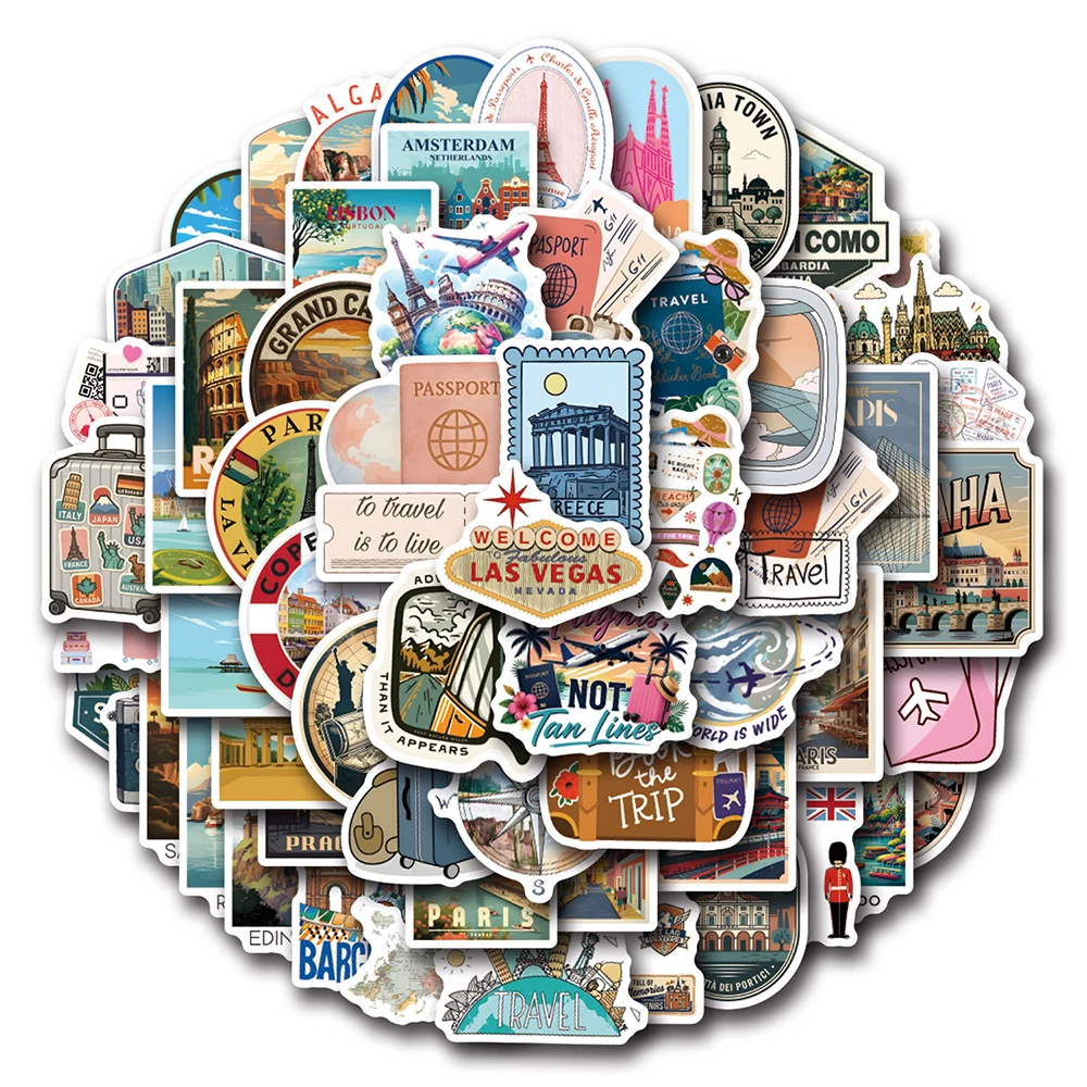 10/30/50/120pcs Cute Cartoon World Travel Stickers Decals DIY Laptop Phone Case Travel Luggage Fridge Car Decoration Sticker