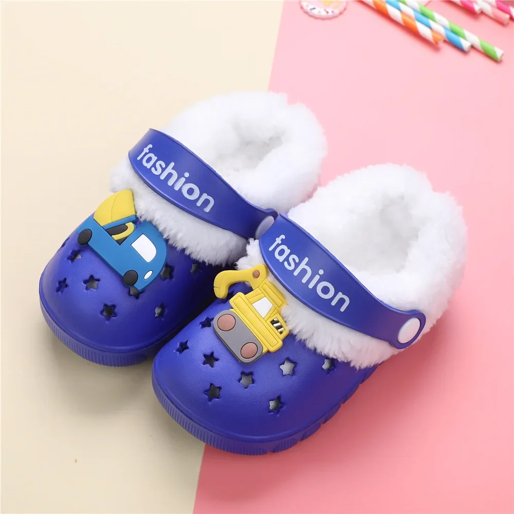 1-6y Kids Mules & Clogs Autumn Winter Boys Sandals Cartoons Add Wool Warm Baby Beach Slippers Children Garden Shoes H43