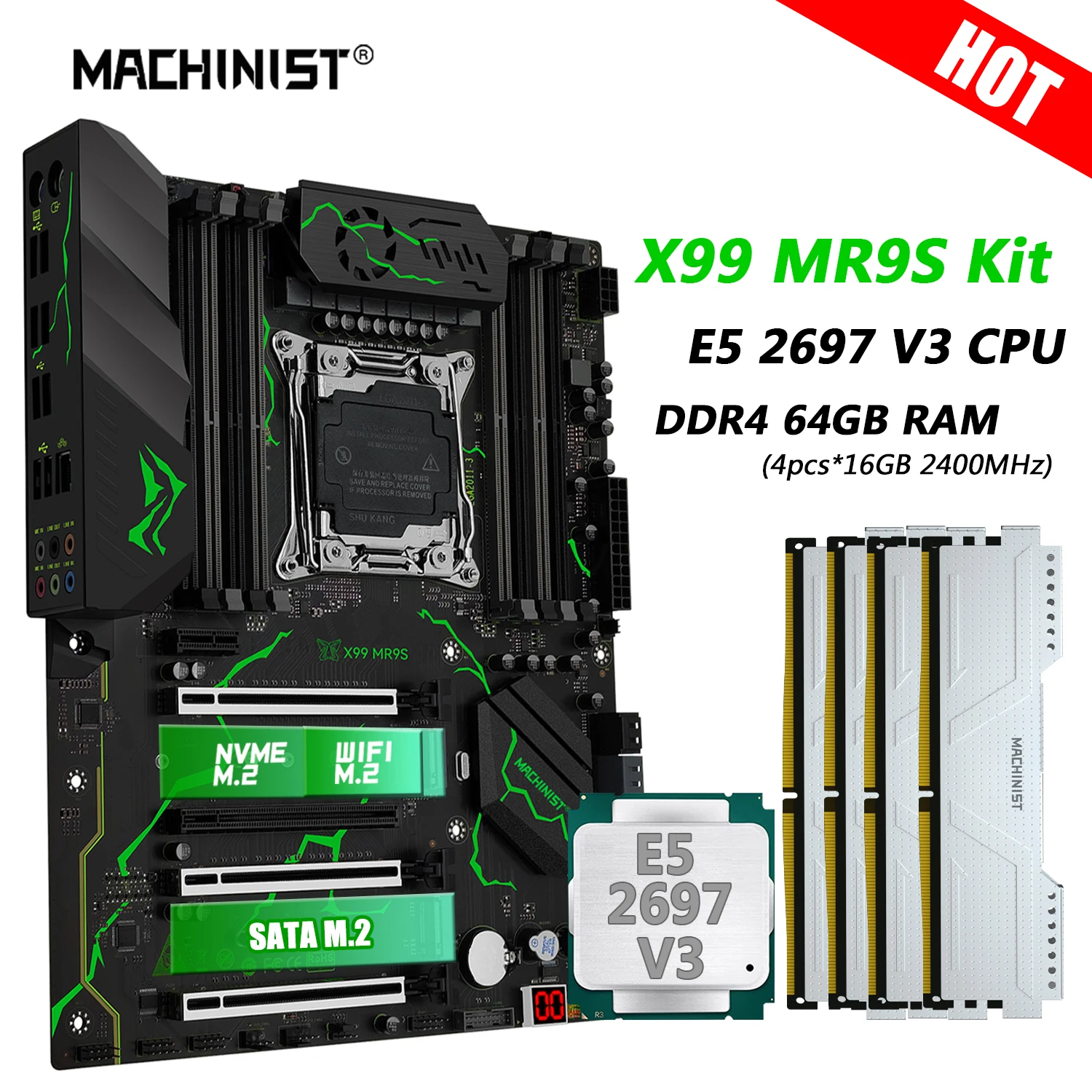 MACHINIST MR9S X99 Motherboard Combo LGA 2011-3 Xeon Kit E5 2697 V3 CPU DDR4 64GB RAM 2400MHz Memory Four Channel NVME Wifi M.2