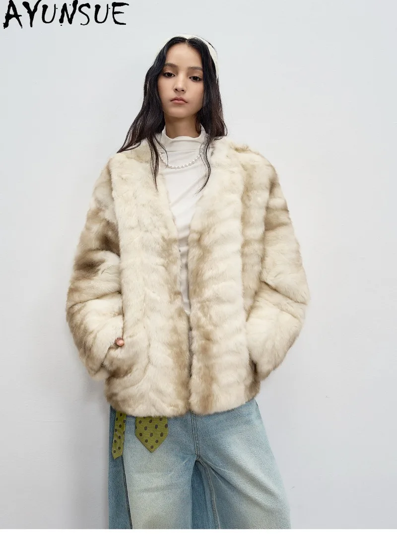 AYUNSUE Womens Natural Rabbit Fur Coat Female Warm Winter Clothing Real Fur Oversized Clothes Casual Jacket Loose Fit Fashion