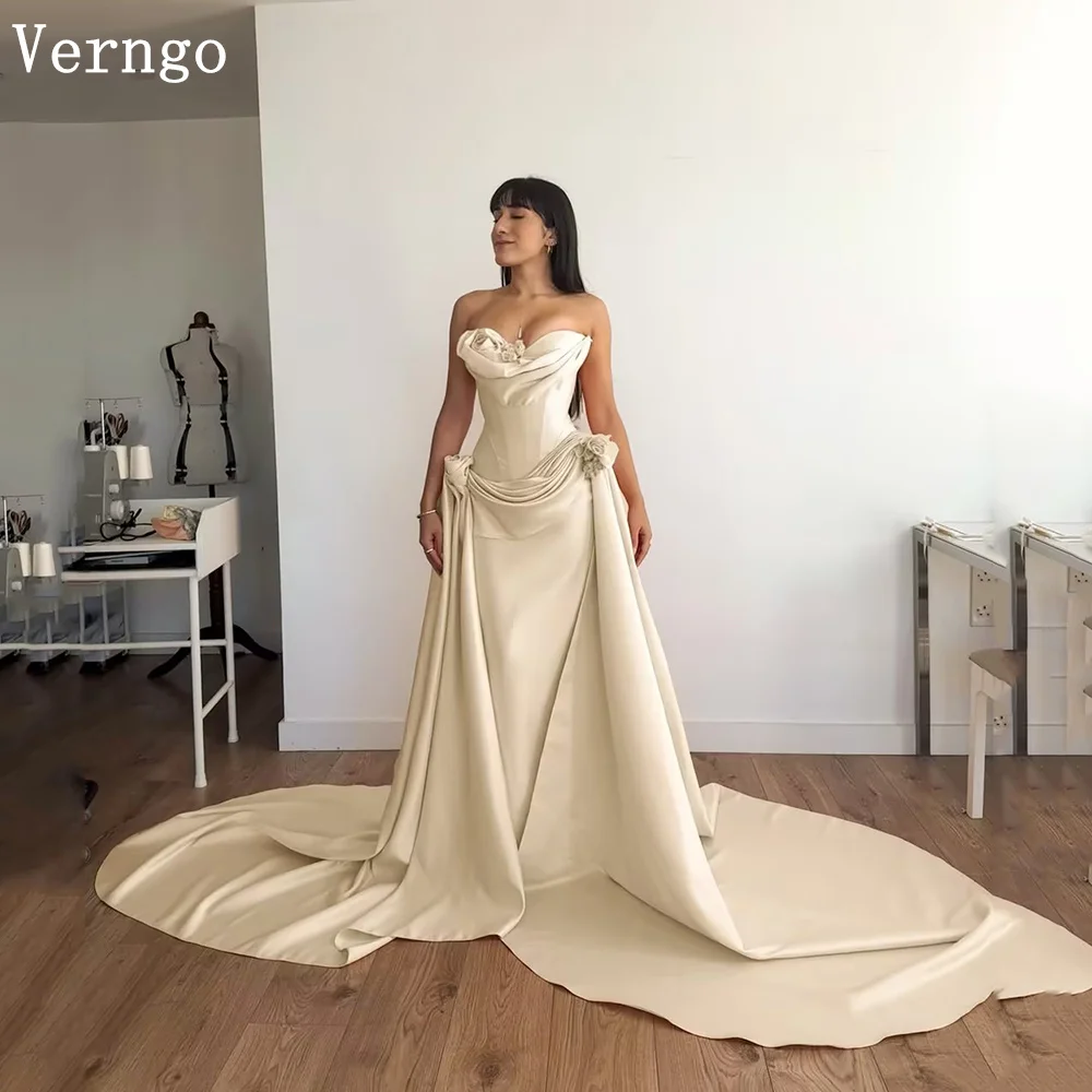 

Verngo Beige Crepe Wedding Dress Sweetheart Pleated Sweap Train Bridal Gowns Women Elegant rom Bride Dress 2026 Customized