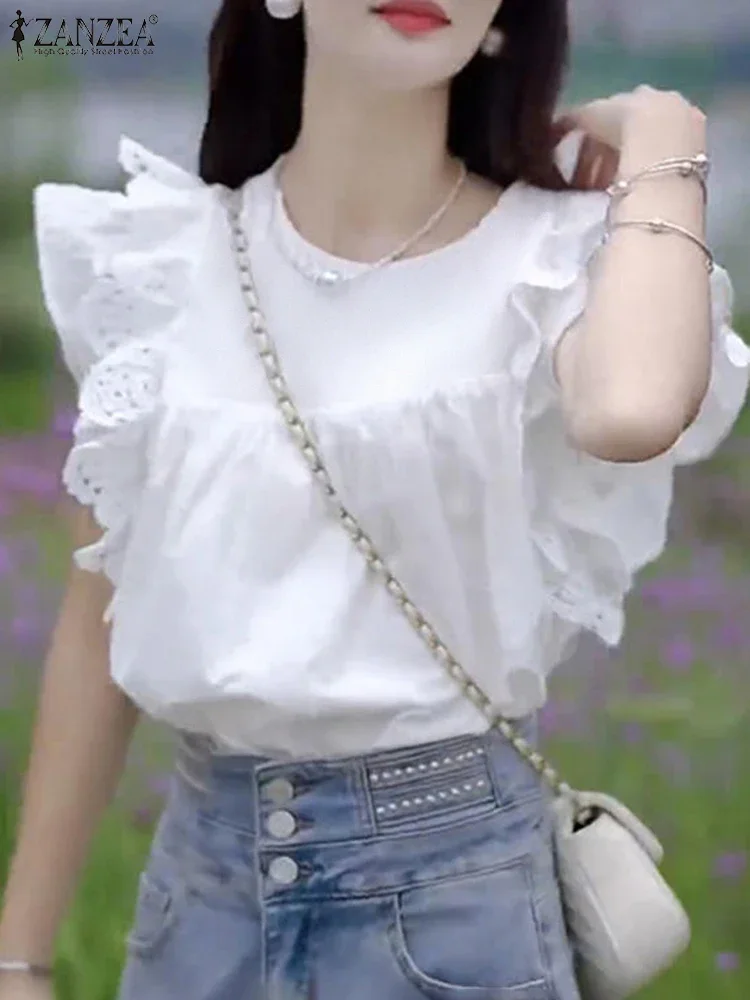 

ZANZEA Elegant Women Ruffle Blouse 2025 Summer Short Sleeve Korean Lace Patchwork Tops Shirt Vintage White Female Tunic Blusas
