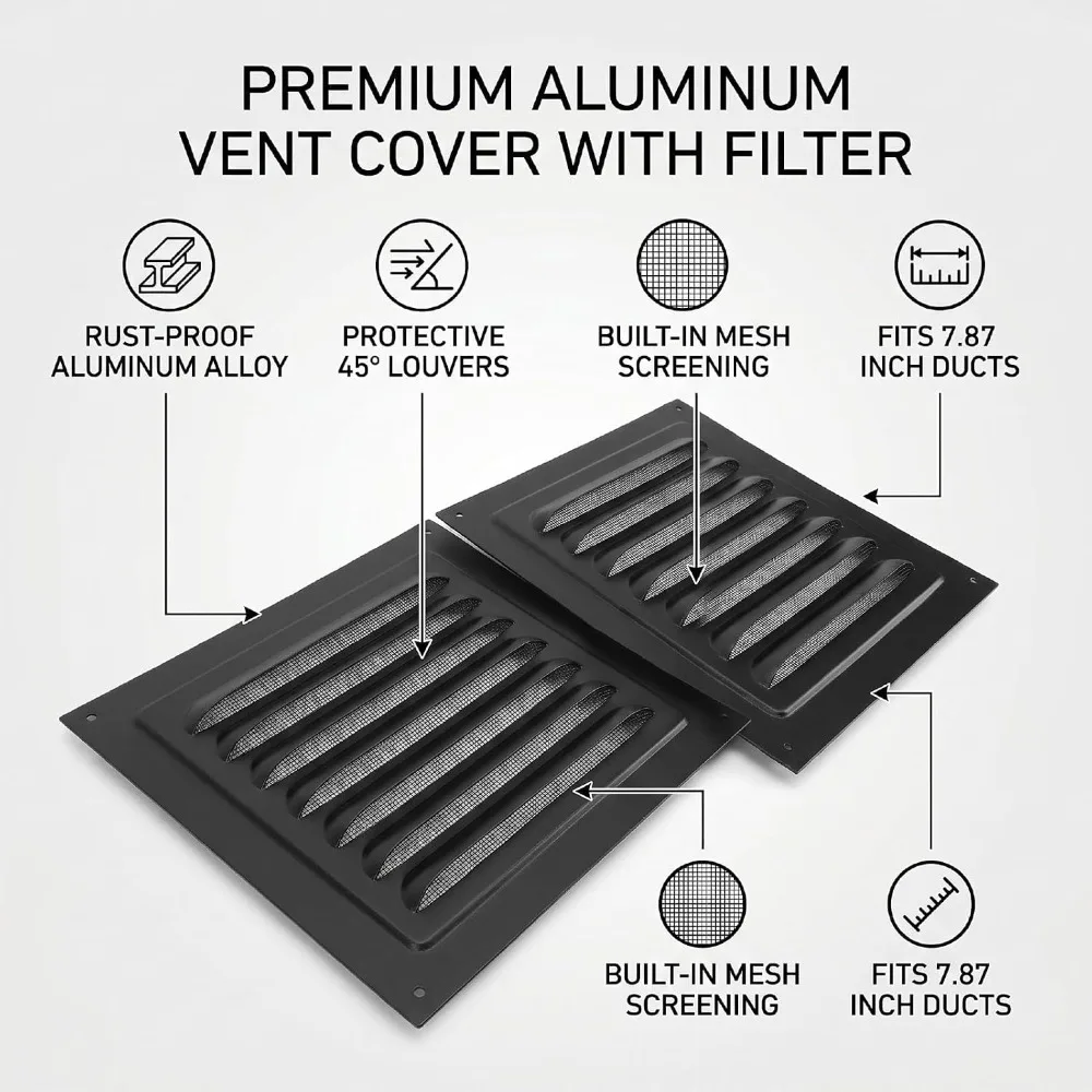 2pcs Practical 8x8 Inch Wall Vent Built-in Screen Black Soffit Vent Square Louver Grille Exterior Door