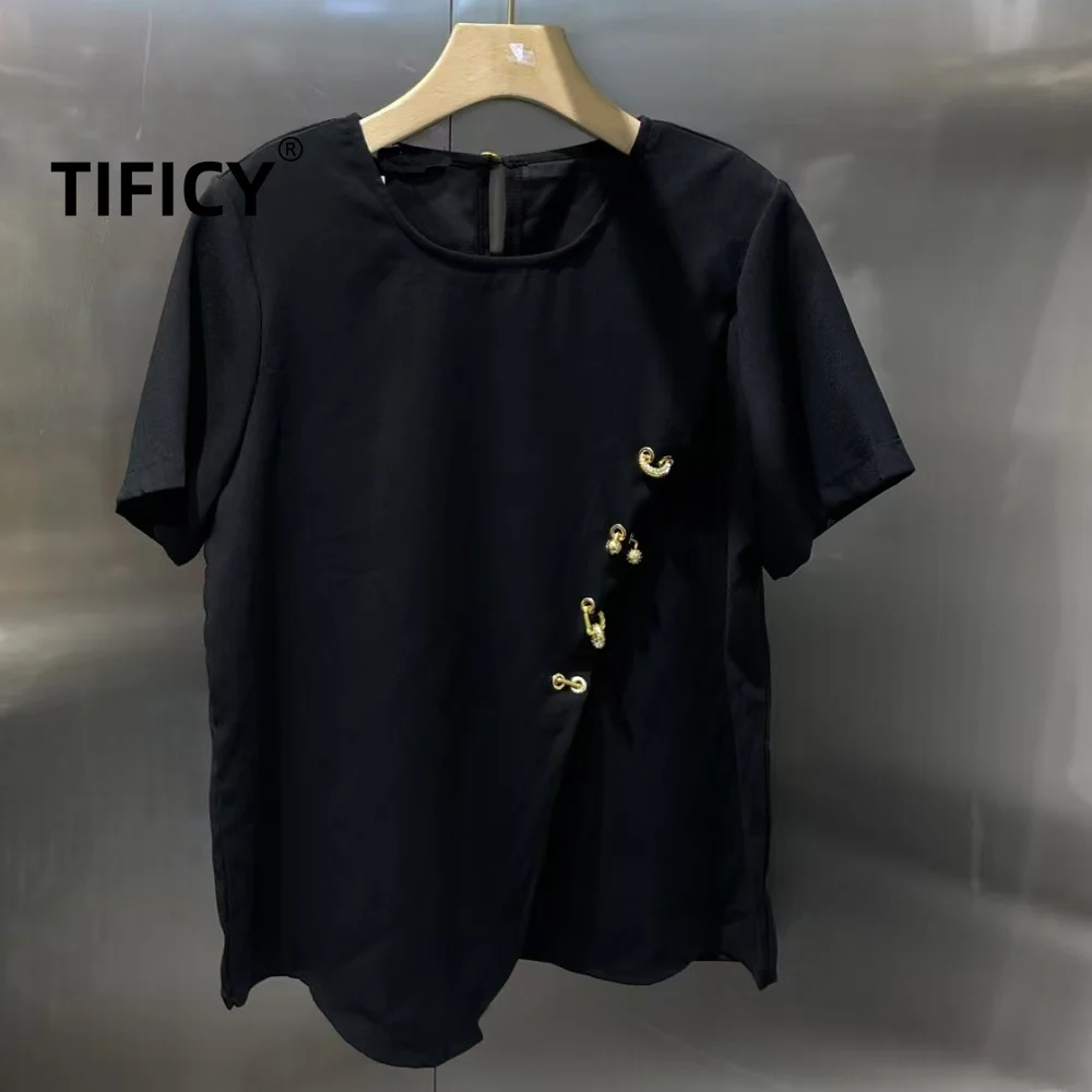 High Street Women's Summer Gold Diamond Ring Decoration Round Neck Short Sleeved T-shirt Slim Fit Threaded Cotton Tshirt Top