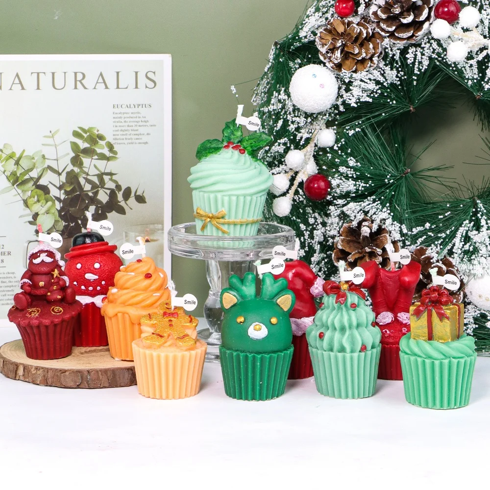 3D Weihnachten Cupcake Silikon Kerze Form Santa Schneemann Hirsch Geschenk Formen für Kerze Seife Harz Gips DIY Home Party Decor Werkzeug