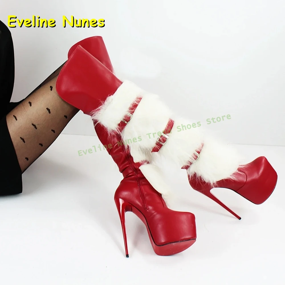 

Faux Fur Platform Sexy Long Boots Round Toe Thin High Heels Belt Buckle Zipper Closure Women Over The Knee Boots 2025 Winter