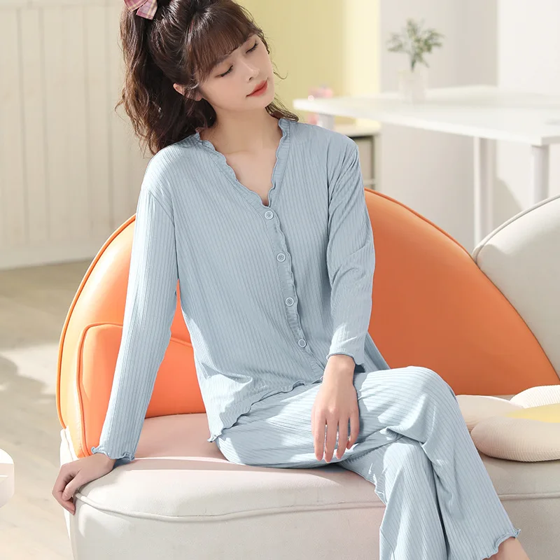 

High Quality Modal Sleepwear Women New V Neck Long Sleeve Shirt Pant Suit Spring Autumn Pajamas Female Slim Night Wear Clothes