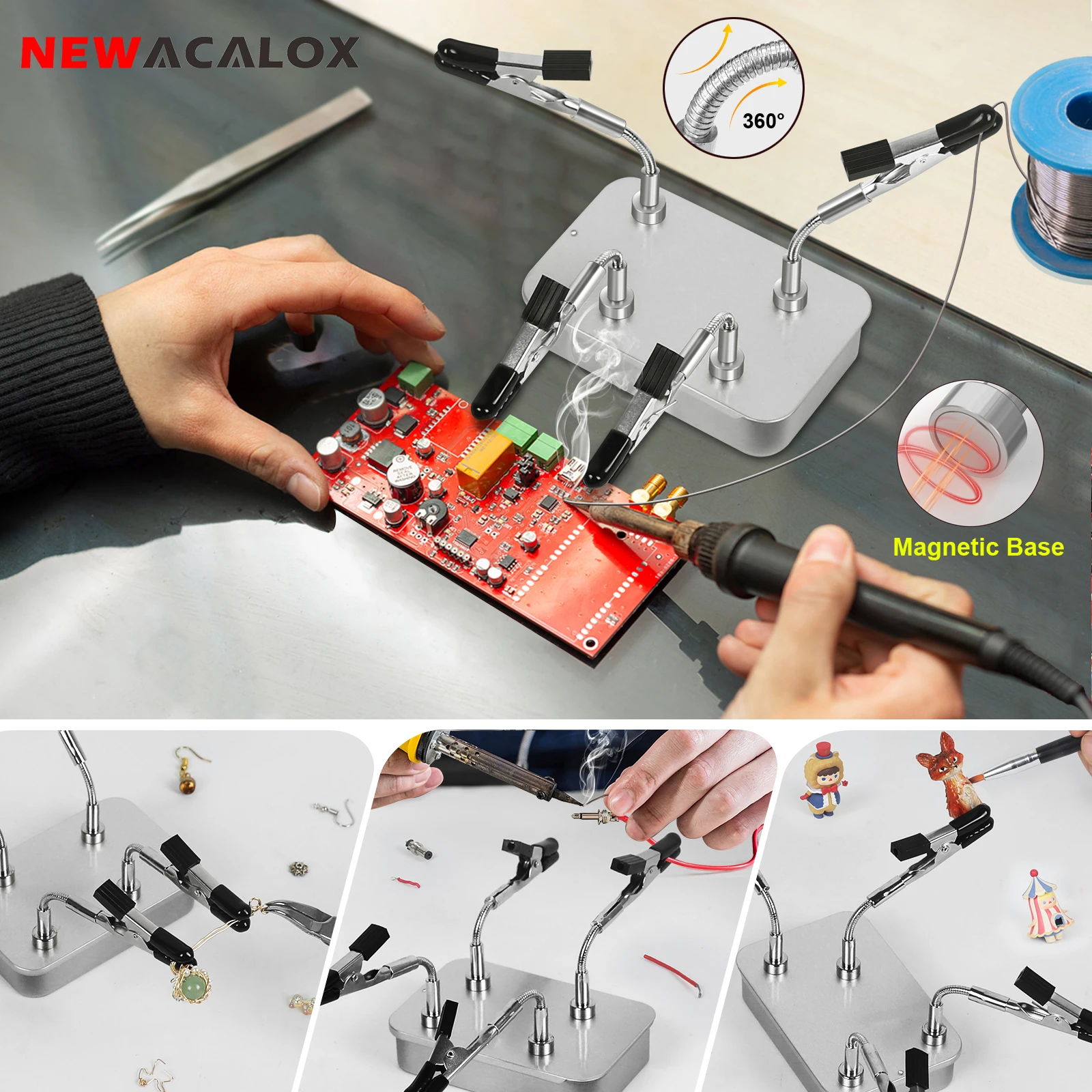 NEWACALOX Magnetic Helping Hands Soldering Tool with 2/4 Flexible Magnetic Clips for Electronic Repair, PCB Holder, Crafts DIY
