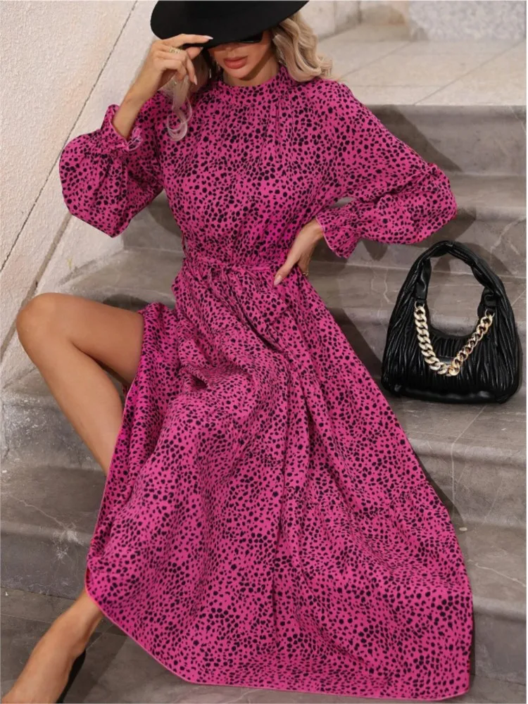 

Spring New Arrival Leisure Dress Fashion Rose Printed Stand Up Collar Ruffle Long Sleeve Dress Vacation Dress Female Clothing