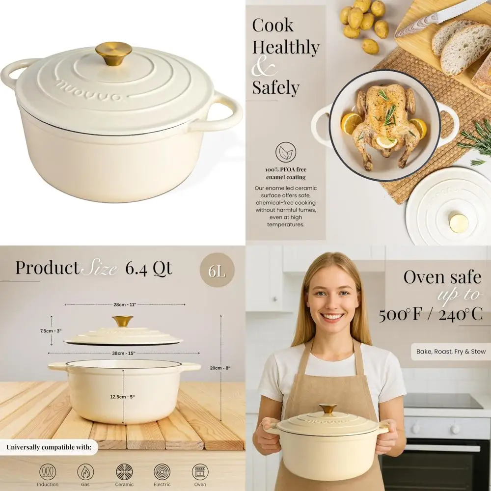 

Non-Stick Enamel Cast Iron Dutch Oven - 6.4 Quart Heavy Duty Oven-Safe Casserole Pot up to 500°F for Baking and Roasting