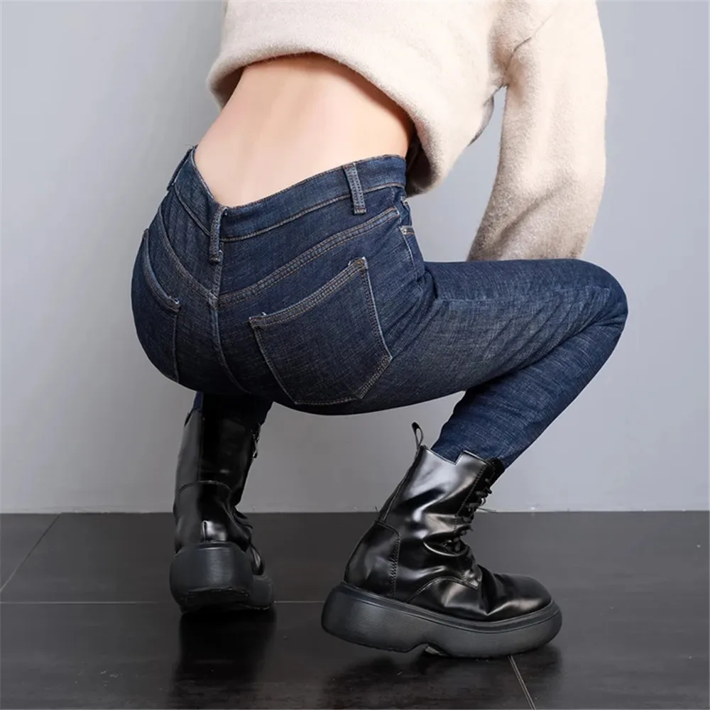 Calça jeans de veludo grosso e cintura alta feminina, calça jeans de pelúcia quente, roupas casuais, neve, inverno, térmica, Y2K