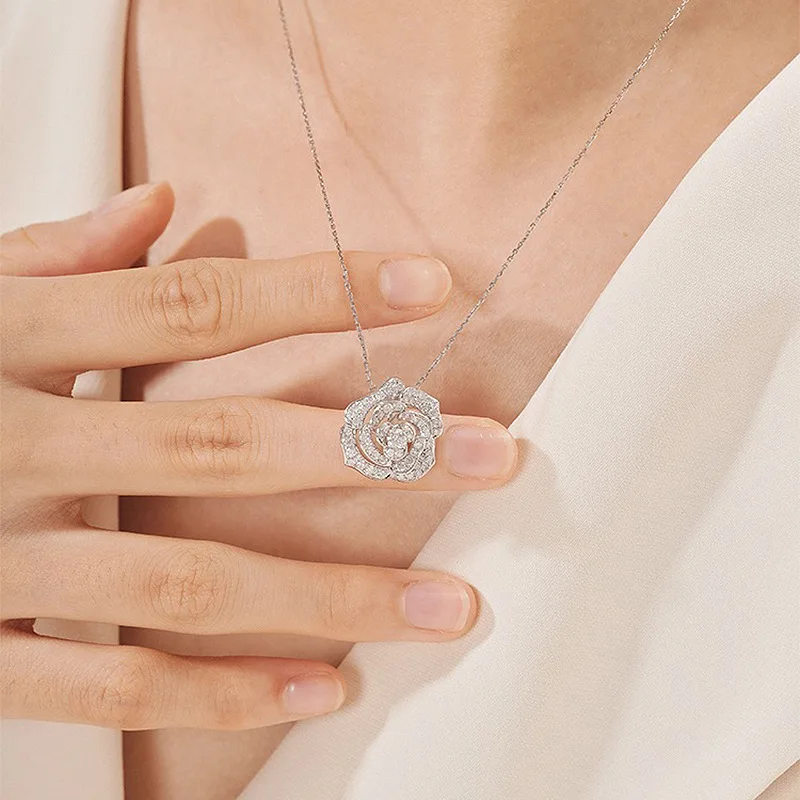 Luxury Mountain Camellia 925 Silver Pendant Inlaid with High Carbon Diamonds Versatile New Style