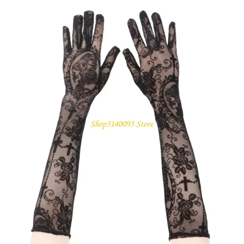 DXAE Stretchable Halloween Gloves Embroidered Skull Crosses Pattern Roleplay Accessory