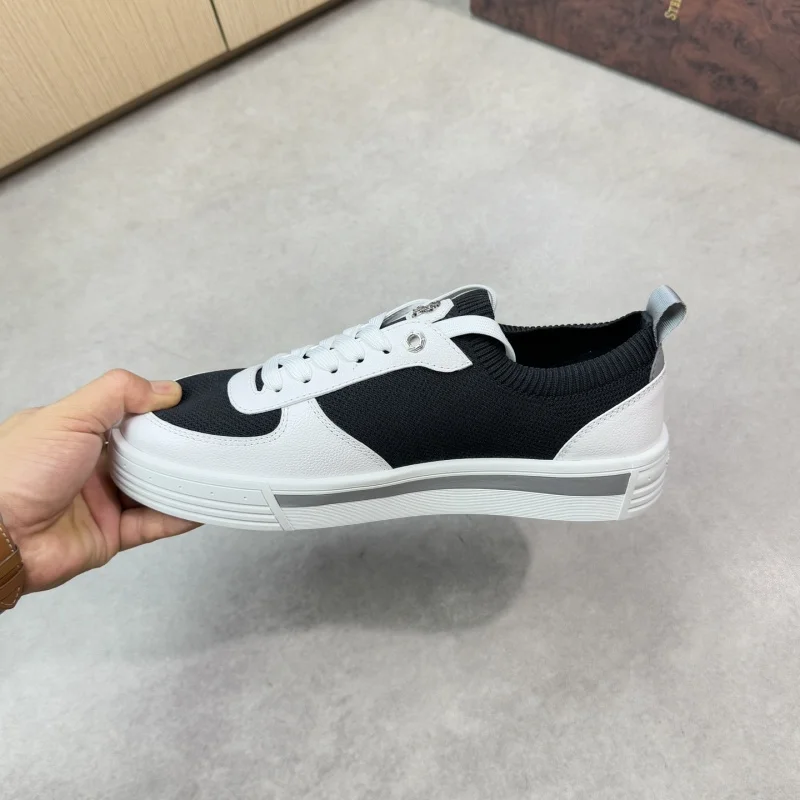 New high-quality lychee-patterned calf leather comfortable casual men's knitted sports shoes