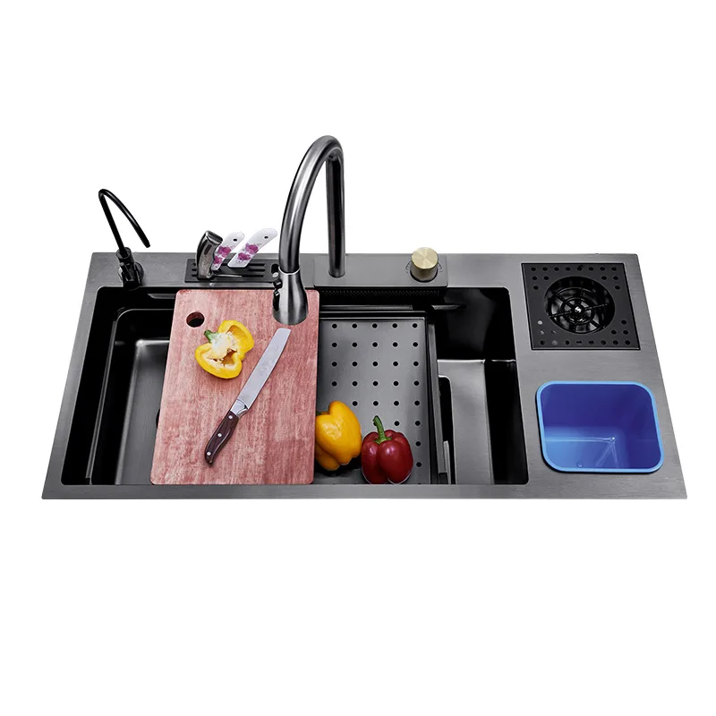 

Gun Grey 304 Stainless Steel Nano Multifunctional Rain Dance Design Faucet Large Single Bowl Kitchen Sink Smart Sink Trash Can