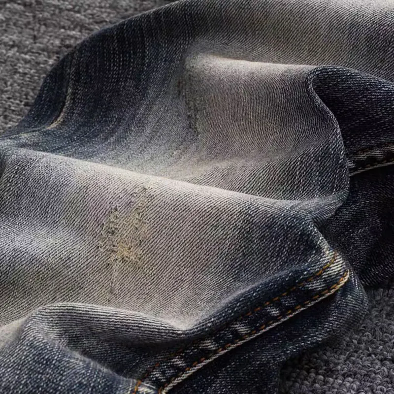 Fashion Vintage Men Jeans High Quality Retro Washed Blue Elastic Slim Fit Ripped Jeans Men Embroidery Designer Denim Pants Homme