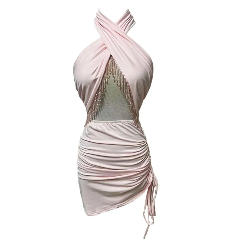 Spicy Girl Sexy Tassel Diamond Hanging Neck and Hip Wrap Dress for Women 2024 New Pink Night Store Dress