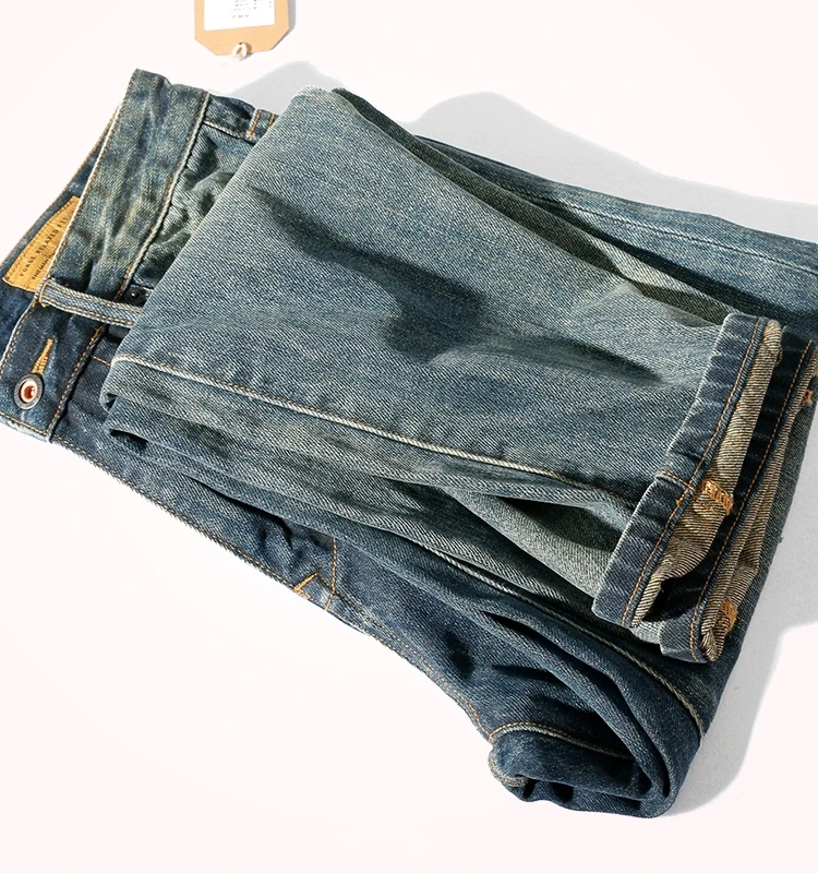 Trendy Vintage Patchwork Loose Fit Straight Leg Men's Jeans Spring Autumn Casual Wear Classic Blue Denim mid Waist Zipper