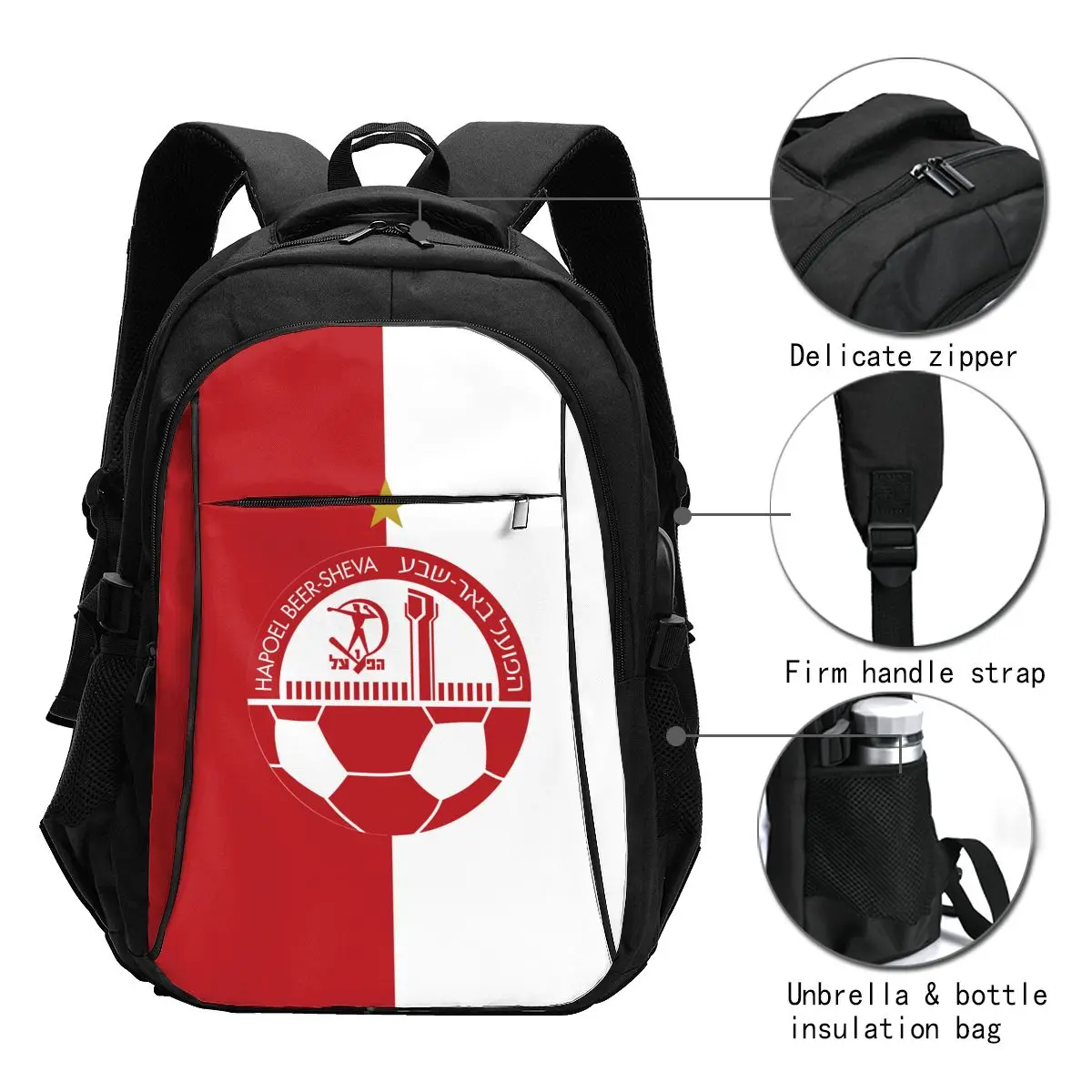 Mochila para portátil de viaje Hapoel Beer Sheva, resistente al agua, puerto de carga USB, bolsa universitaria