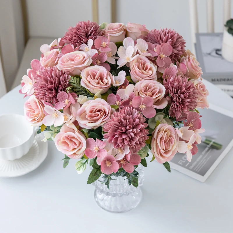 Künstliche Blumen Rose Chrysantheme Seide Brautstrauß Hochzeit Outdoor Bogen Festival Home Zimmer Vase Tisch Diy Geschenk Dekoration – Detail 9