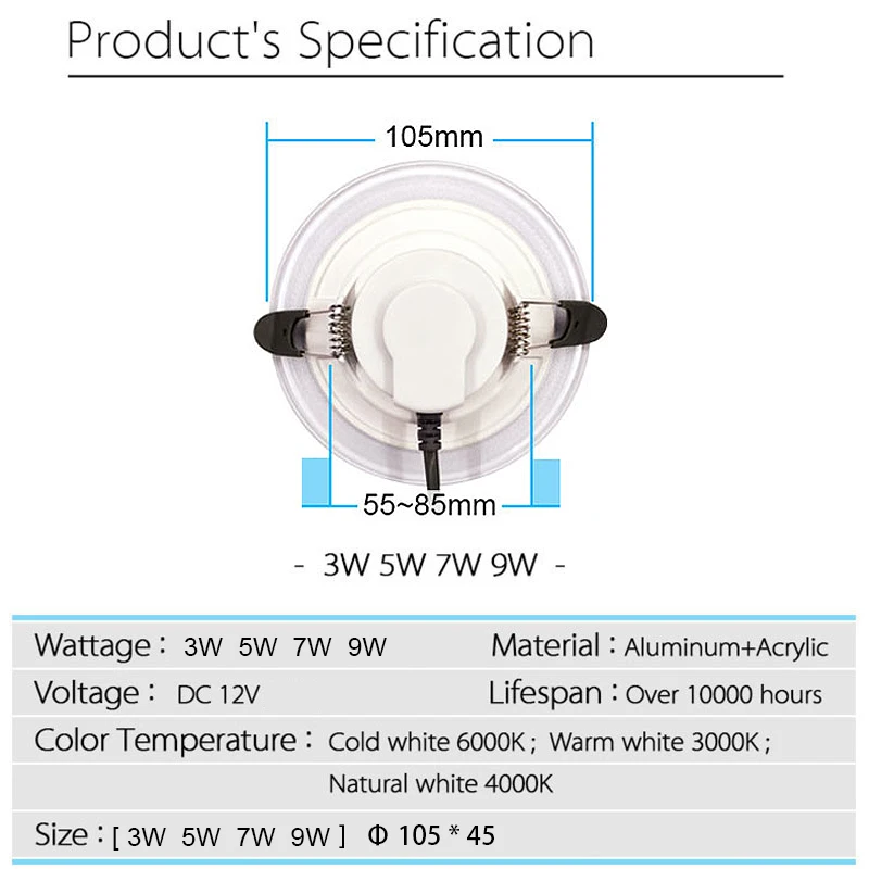 AC 12V 5W 7W 9W 3W LED DownLight Światło punktowe Wpuszczana instalacja Kolor Ciepłe i naturalne światło Lampa Downlight Nowość