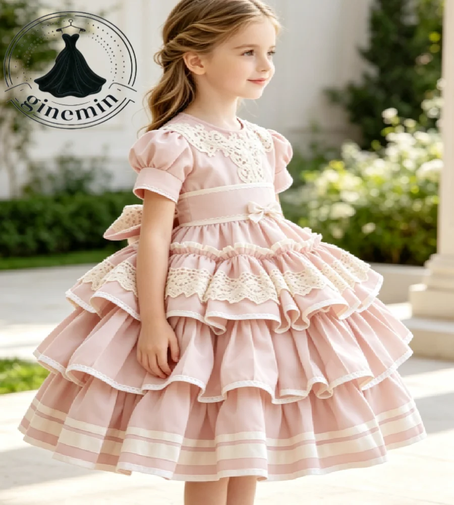 Blush Pink Flower Girl Dresses Puff Sleeves 3D Floral Embroidery Lace Cuff Satin Sash Big Bow Back Multi‑Tier Baptism Birthday