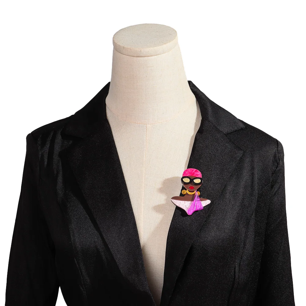 New Acrylic Fashion Sunglasses Black Girls Brooches for Women Cartoon African Lady Figure Badges Pin 2024 Jewelry Accessories