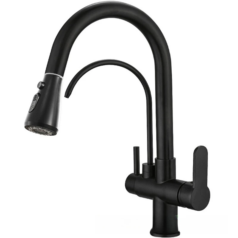 

Brass paint black pull-out kitchen sink hot and cold faucet, double handle direct drinking faucet