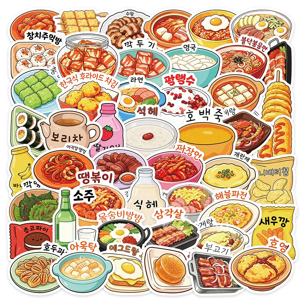 50 PCS Korean Cartoon Food Culture Graffiti Stickers Fridge Cabinet Lunch Box Thermos Cup Non Repeated Waterproof Decals